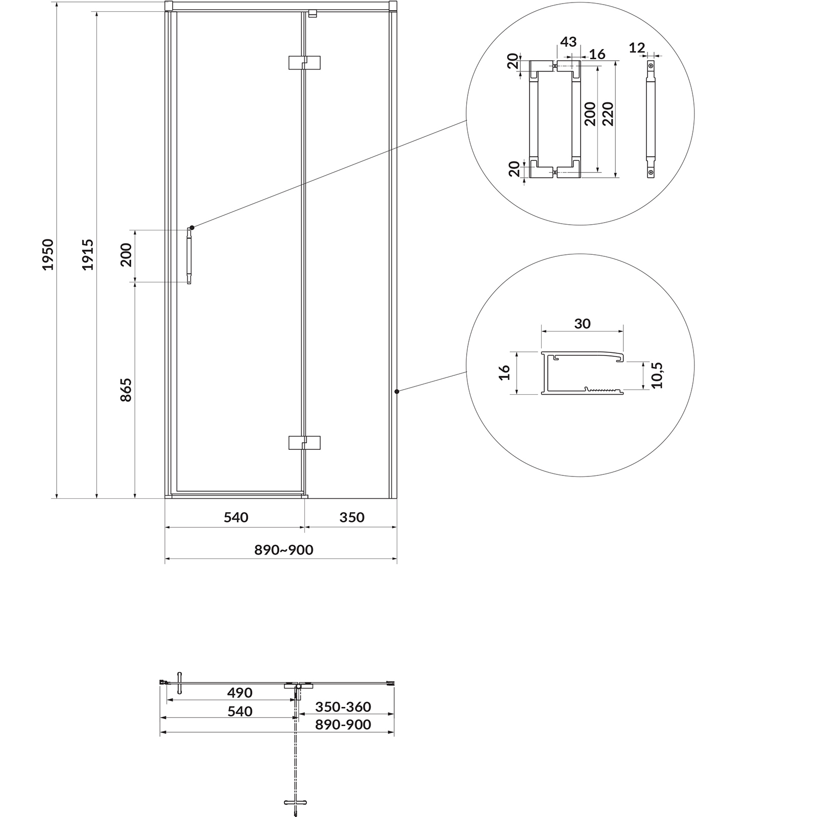 CERSANIT Štvorcový sprchový kút LARGA zlatý matný, pravý 90x90 priehľadné sklo S601-467