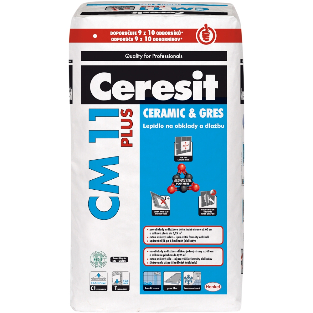Tenkovrstvé lepidlo pre gresové obklady a dlažbu Ceresit CM 11 PLUS, C1T, 25 kg