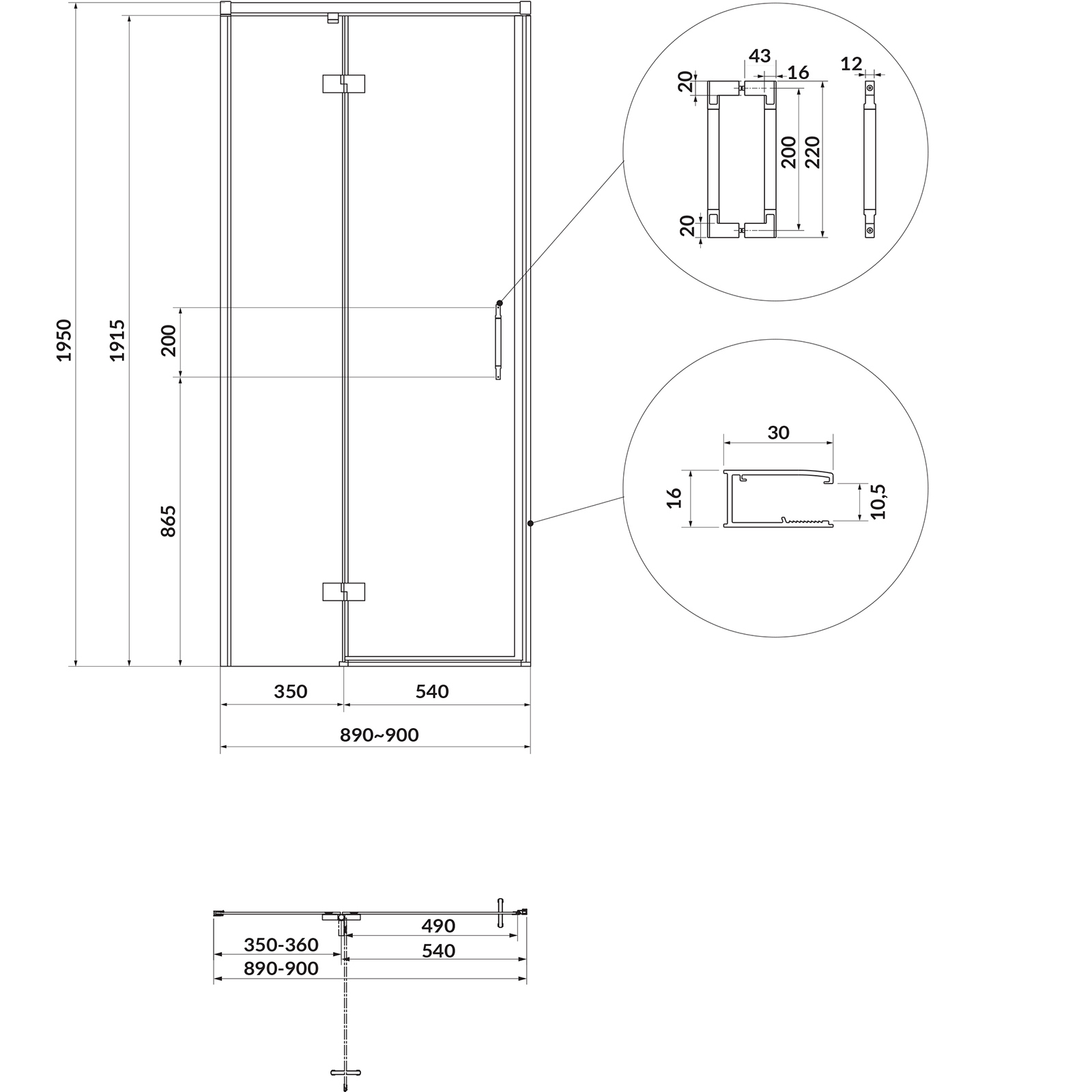 CERSANIT Štvorcový sprchový kút LARGA zlatý matný, ľavý 90x90 priehľadné sklo S601-466